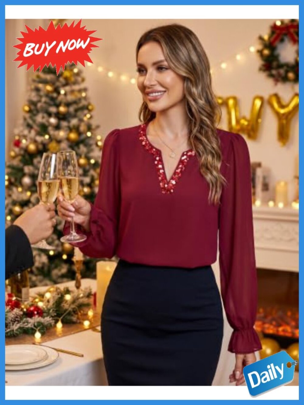 Timeson Womens Sequin V Neck Chiffon Blouse Long Sleeve Work Top - Picture 5 of 6